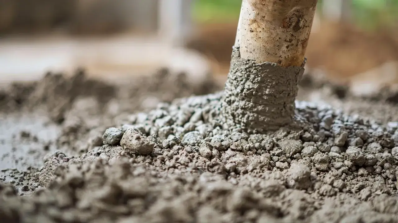 Słup zanurzony w świeżym betonie. Widać kamienie i mokry cement, idealny jaki beton na chudziaka.