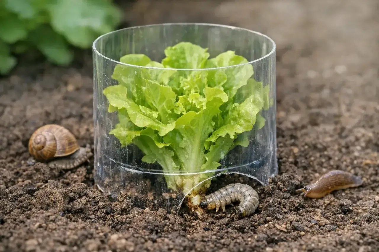 Un escargot et une limace tentent d'atteindre une laitue protégée par un cylindre. Une astuce pour savoir comment se débarrasser des escargots.