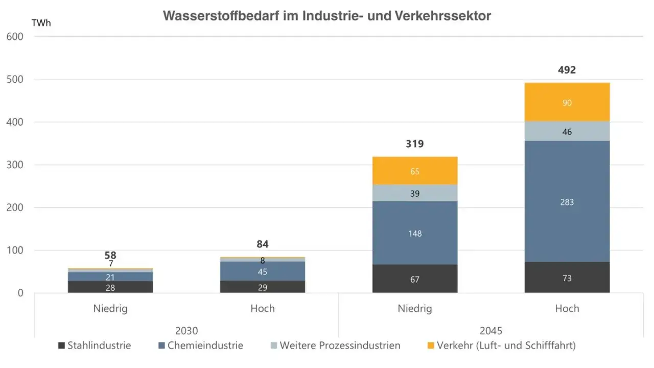 Wasserstoffbedarf steigt bis 2045, um klimaneutral bis 2045 zu werden. Industrie und Verkehr sind Hauptverbraucher.