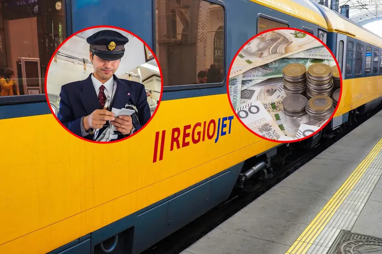 Konduktor sprawdza bilety, a obok stos monet i banknotów. Czy można jechać wcześniejszym pociągiem Regio?