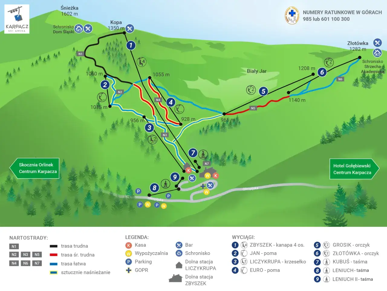 Mapa Karpacz Ski Arena z trasami narciarskimi i wyciągami, ukazująca miasto u podnóża Śnieżki.