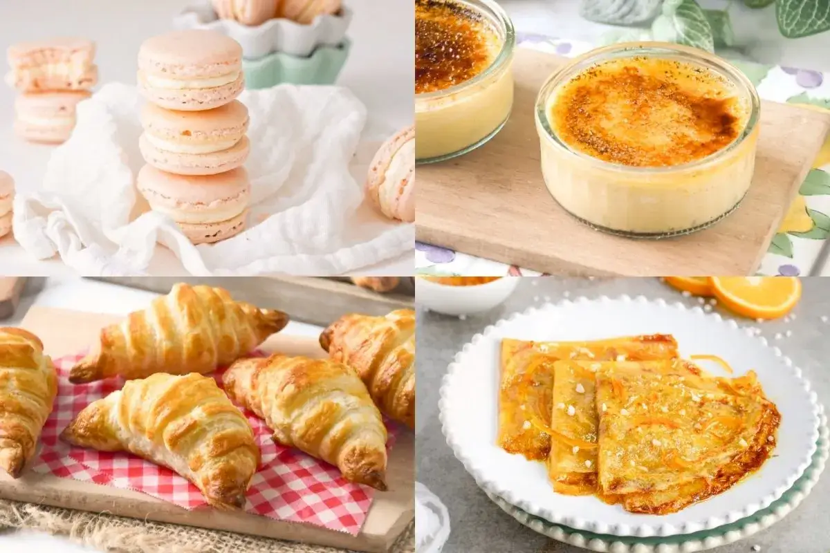 Deliciosos postres franceses: macarons rosados, cruasanes dorados, cr&egrave;me br&ucirc;l&eacute;e y crepes de naranja.