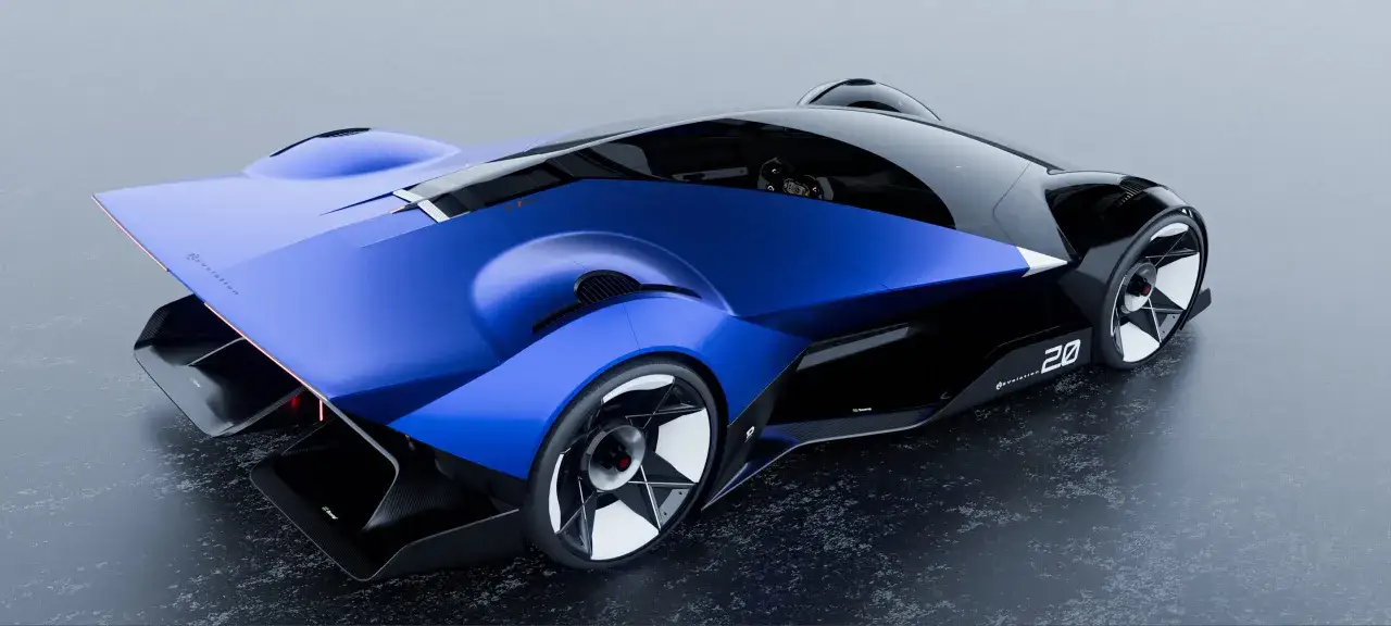 Futurystyczny, niebiesko-czarny pojazd, przypominający koncepcyjny corvette c9, z ostrymi liniami i aerodynamicznym kształtem.