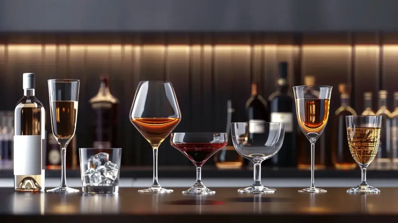 Różnorodne kieliszki z alkoholami na barze. Czy to objawy braku magnezu, że wszystko się tak rozmywa?