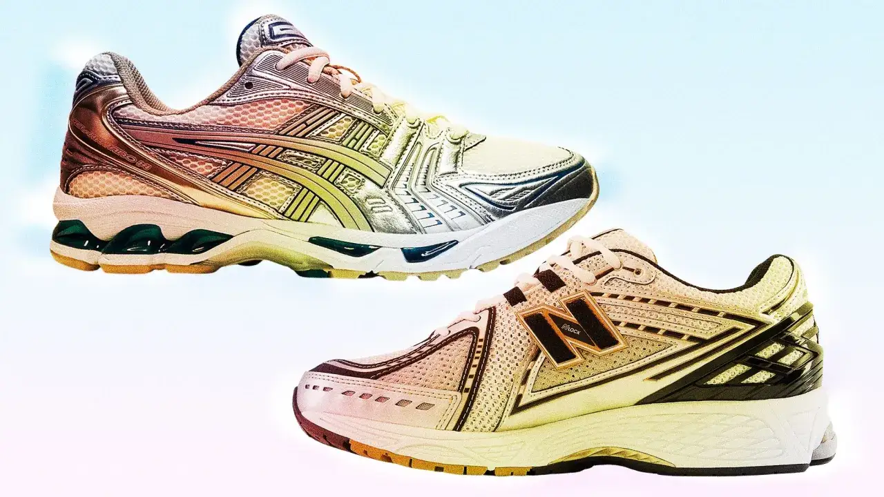 Two pairs of sneakers, one Asics and one New Balance, showcase the metallic and layered aesthetic of early 2000s shoe trends.