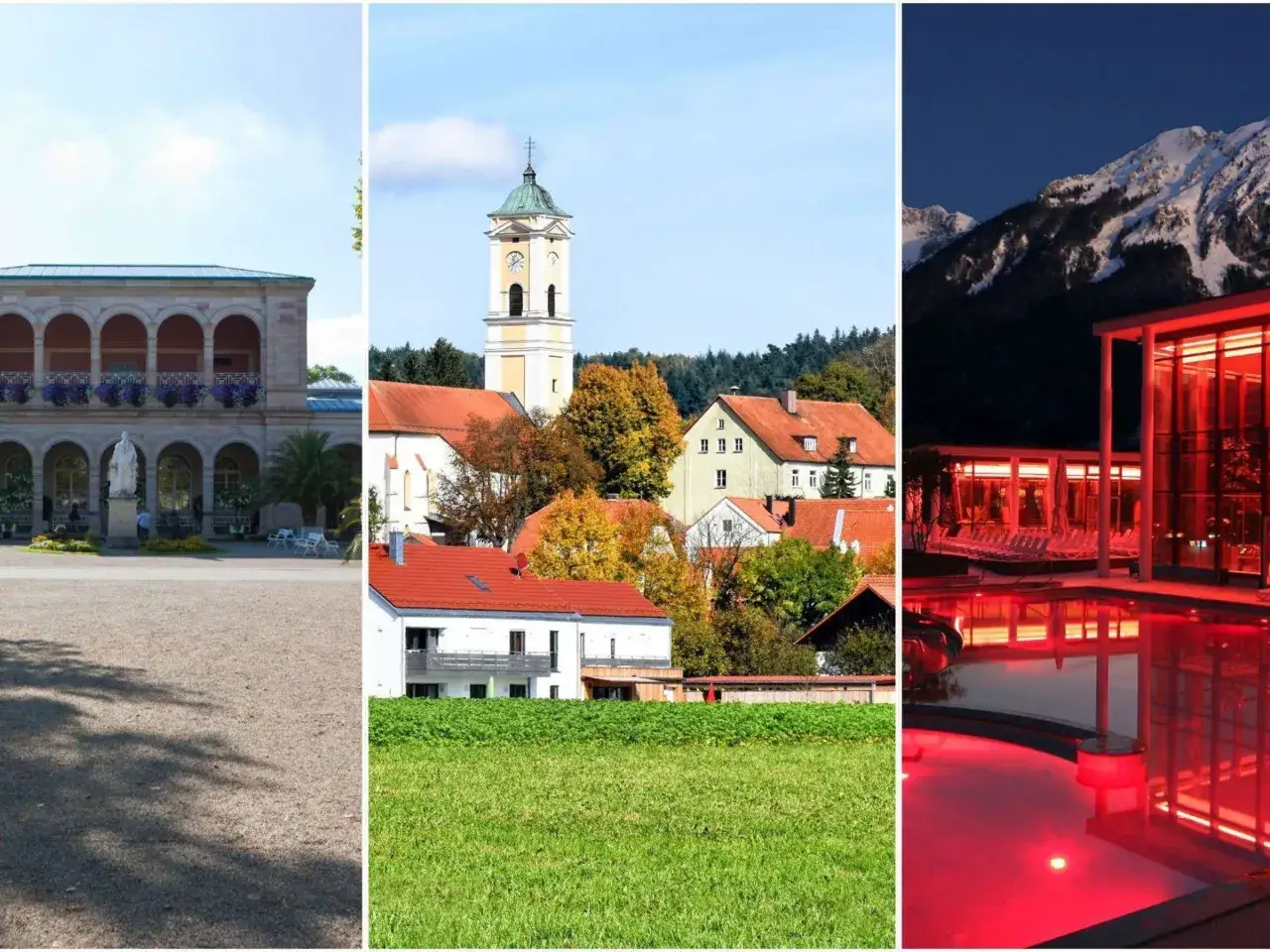 Ein Kurort in Oberbayern: Prachtvolles Gebäude, Dorfkirche mit Herbstlaub und ein luxuriöses Spa mit rotem Pool vor Bergkulisse.
