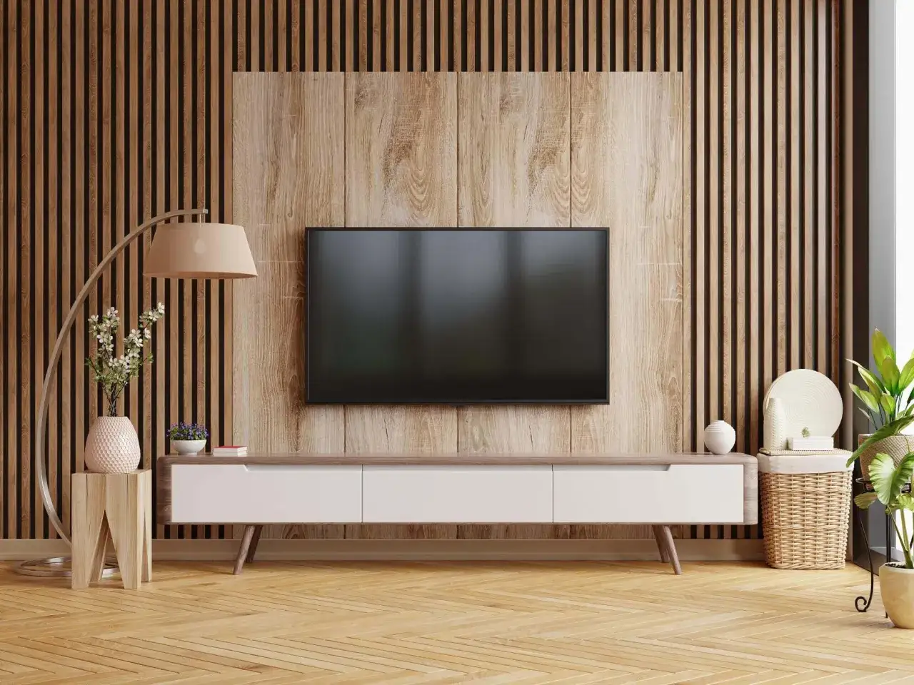 Nowoczesny salon w stylu naturalnym z drewnianą ścianą, telewizorem i minimalistyczną szafką.