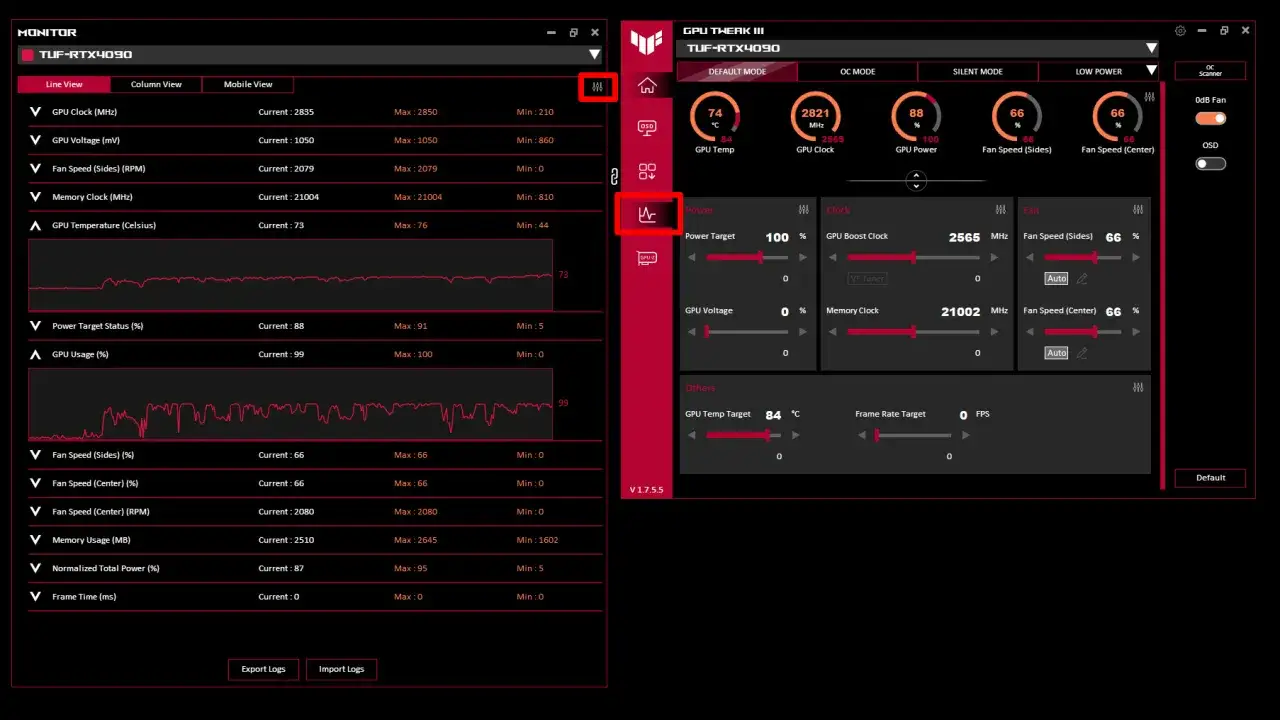 Karta graficzna TUF-RTX4090 ma temperaturę 74°C. Optymalna temperatura karty graficznej powinna być niższa.