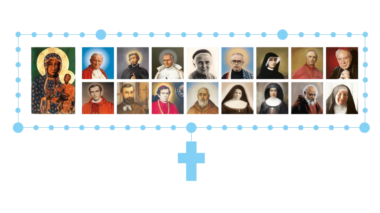 Obraz Matki Boskiej i świętych w formie różańca. Modlitwa która działa cuda, inspiruje do wiary.