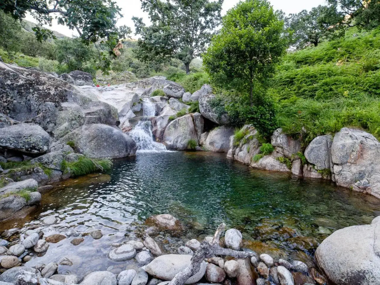 Unas idílicas piscinas naturales en Valladolid, con cascadas y rocas, rodeadas de vegetación exuberante.