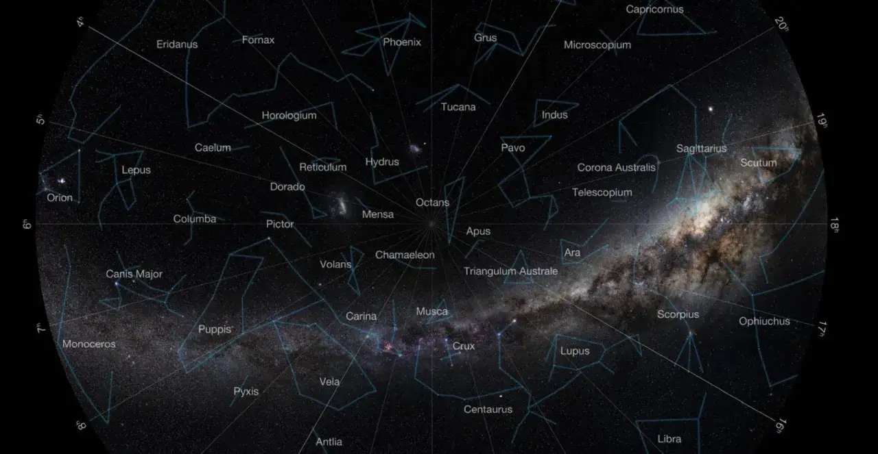 Mapa nieba z zaznaczonymi gwiazdozbiorami, w tym Orion, Pavo, Sagittarius. Pokazuje, ile jest gwiazdozbiorów.