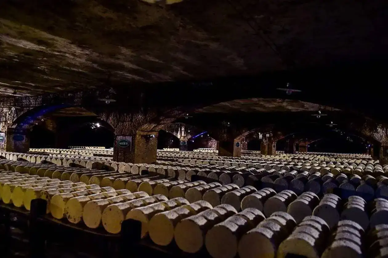 Des milliers de meules de roquefort en cave, attendant patiemment leur affinage.