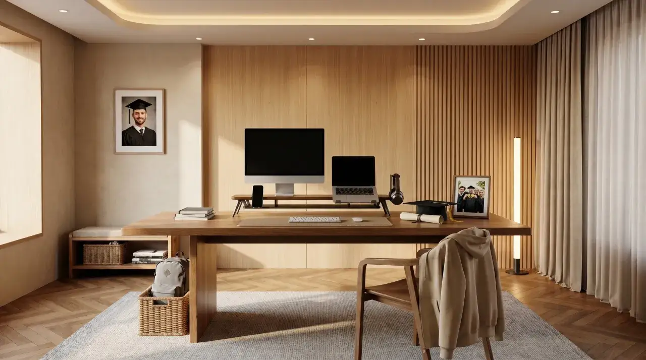 Ein modernes B&uuml;ro mit Holzm&ouml;beln. Ein Mann im Abschluss-Outfit h&auml;ngt an der Wand, ein Zeichen f&uuml;r eine erfolgreiche b&uuml;rokauffrau umschulung.