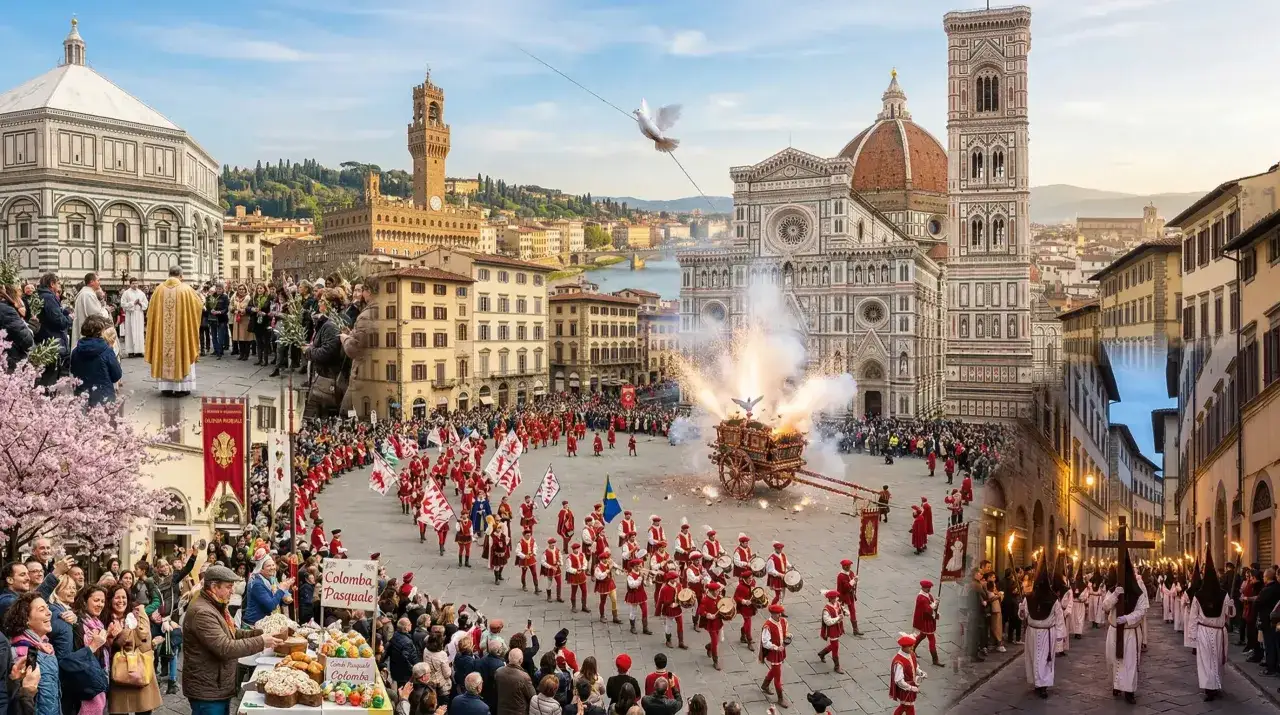 Celebrazione delle tradizioni pasquali in Italia: processioni, fuochi d'artificio e colombe pasquali a Firenze.