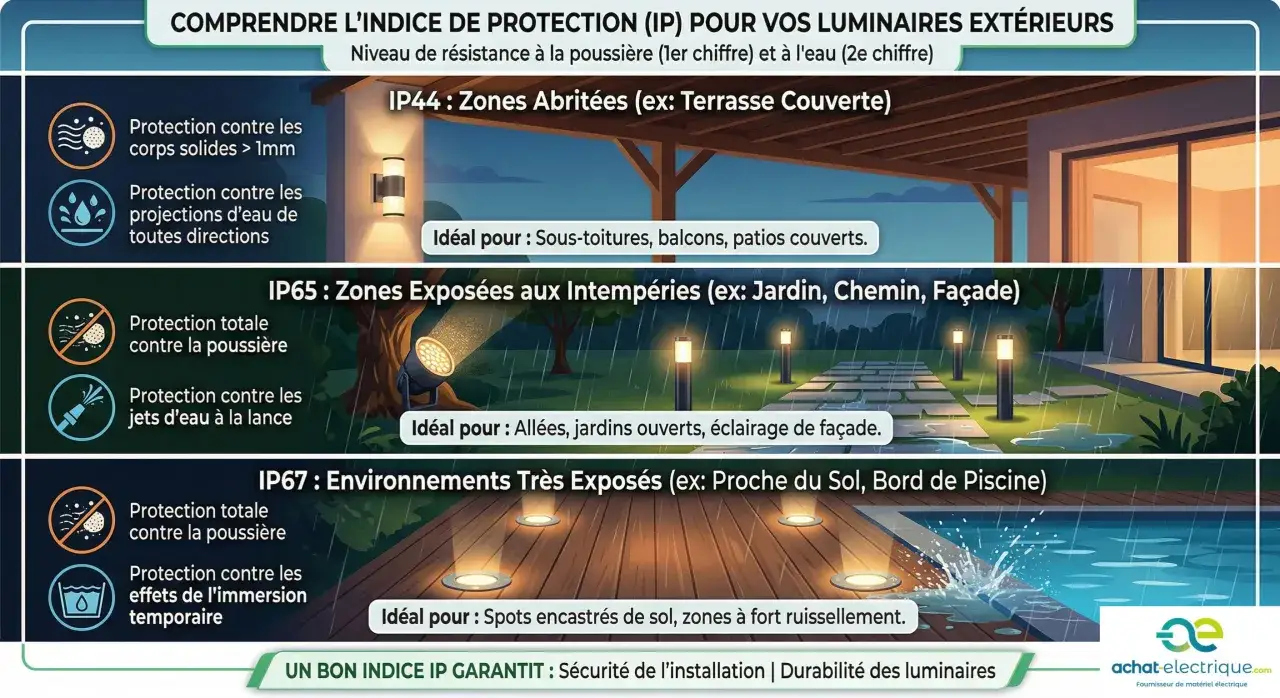 Guide sur la norme &eacute;clairage ext&eacute;rieur : IP44 pour zones abrit&eacute;es, IP65 pour jardins pluvieux, IP67 pour bords de piscine.