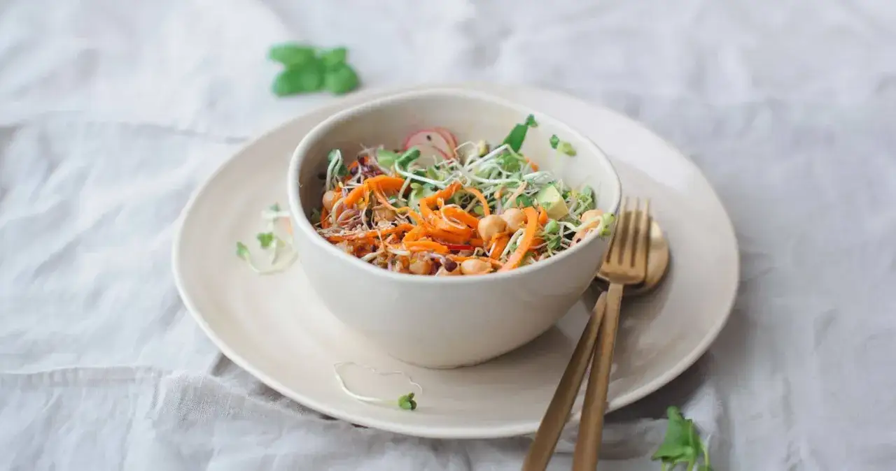 Sch&uuml;ssel mit einem frischen, gemischten Salat mit Sprossen, Karottenstreifen, Kichererbsen und Avocado.