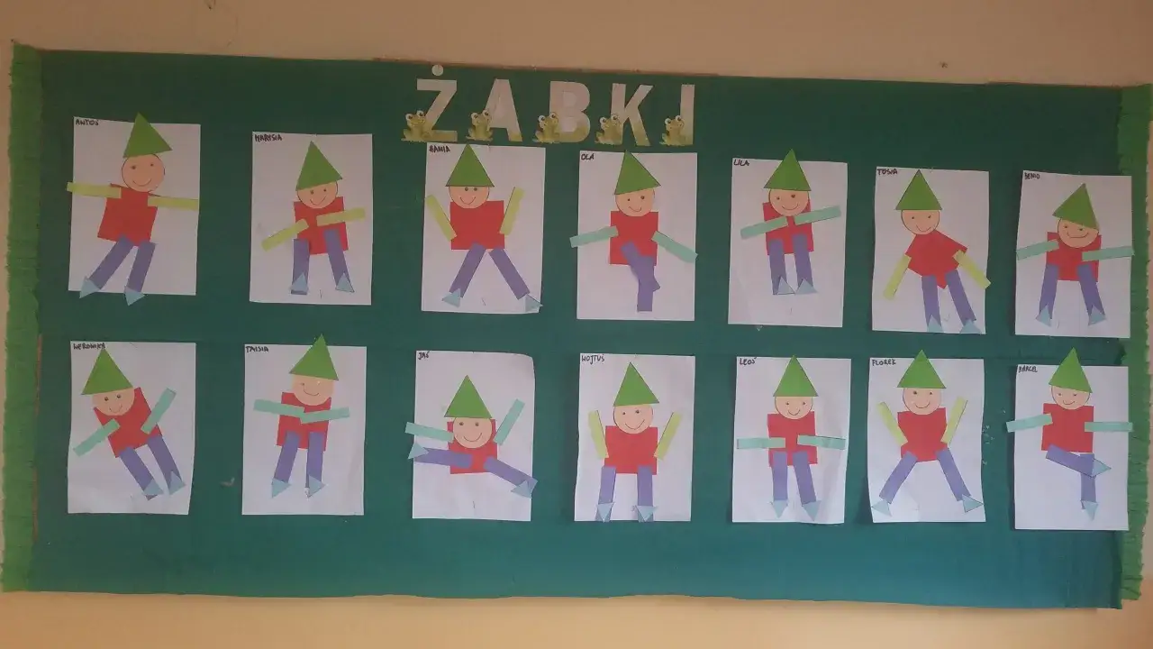 Praca plastyczna z figur geometrycznych: wesołe żabki z kwadratów, trójkątów i prostokątów.