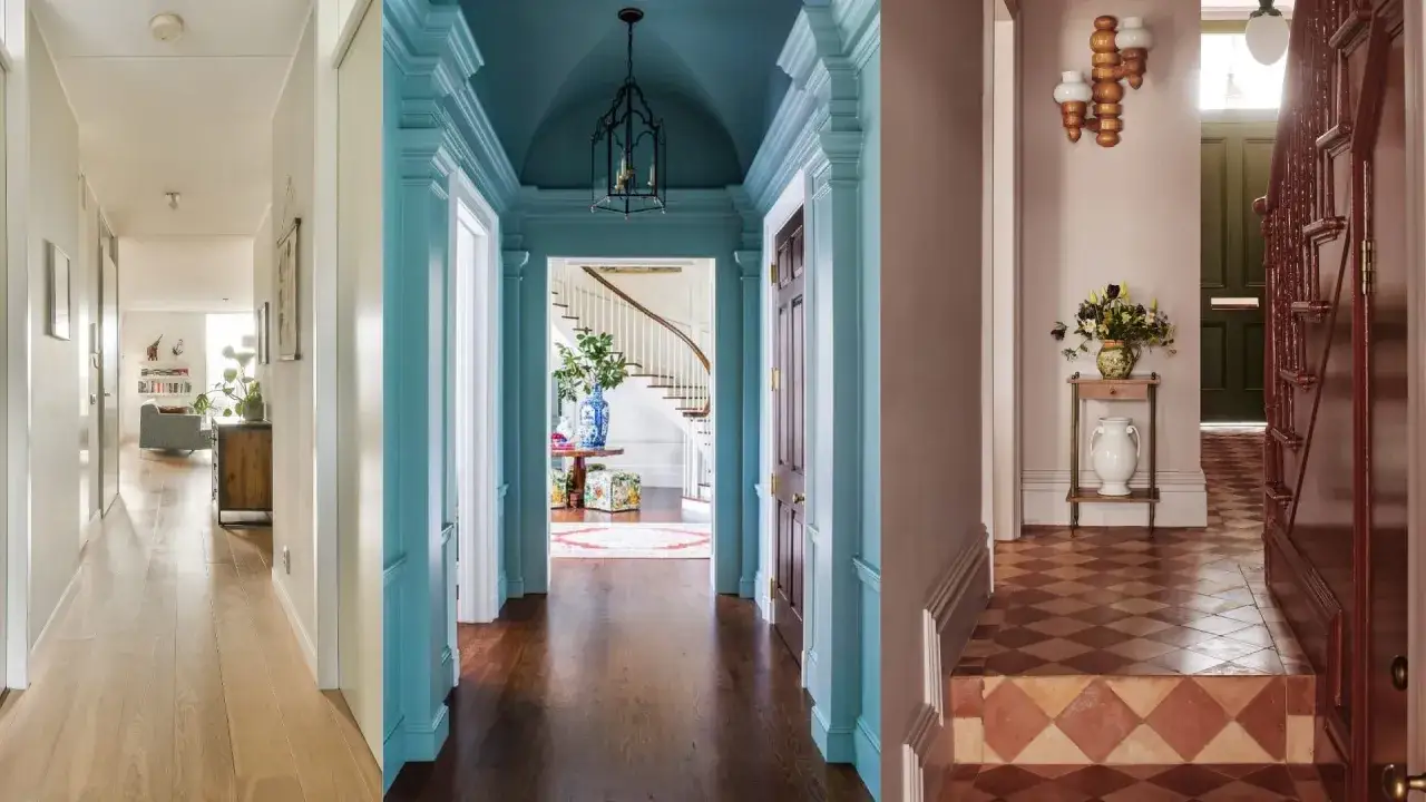 Paleta de colores para pasillos: tonos neutros, azul cielo y rosa p&aacute;lido crean ambientes acogedores y elegantes.