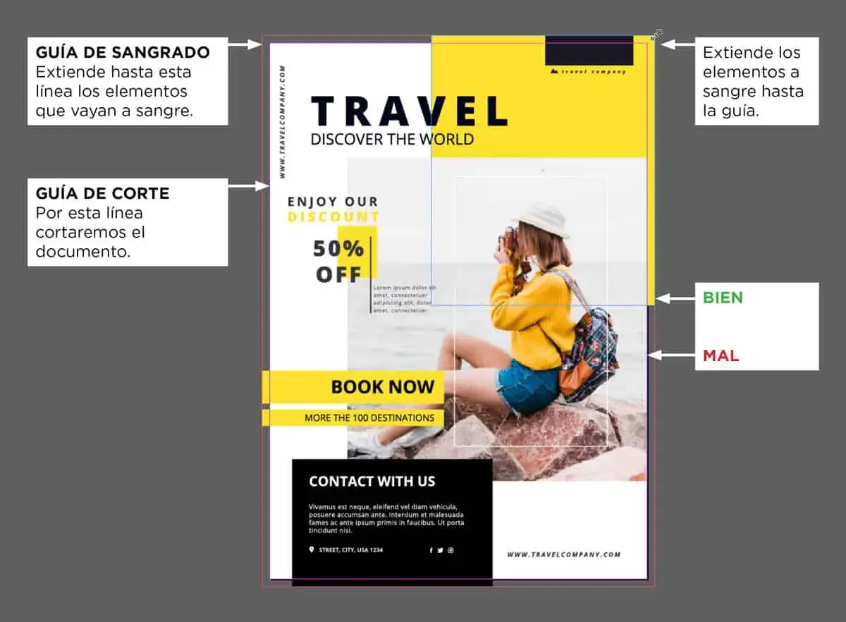 Dise&ntilde;o de folleto tur&iacute;stico en formato a5. Mujer con c&aacute;mara, descuento del 50% y bot&oacute;n 