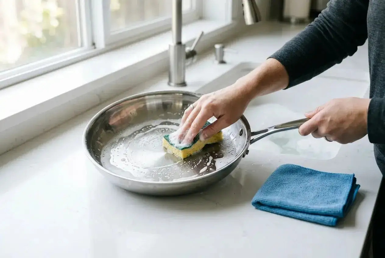 Main d'une personne lavant une poêle en inox avec une éponge savonneuse. Apprenez comment faire briller de l'inox pour une cuisine éclatante.