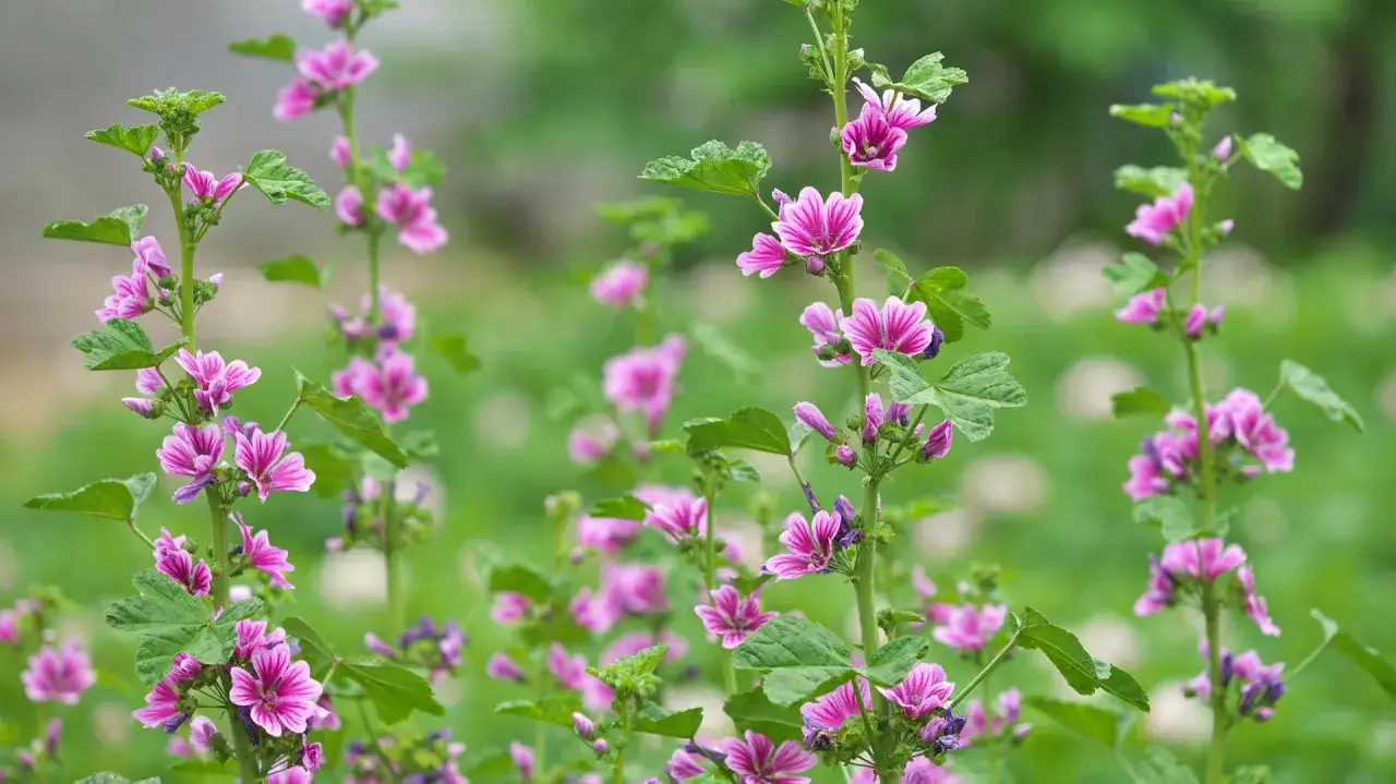 Zarte Malvenblüten in Rosa und Lila blühen auf grünen Stielen. Ihre beruhigende Wirkung auf die Psyche ist spürbar.