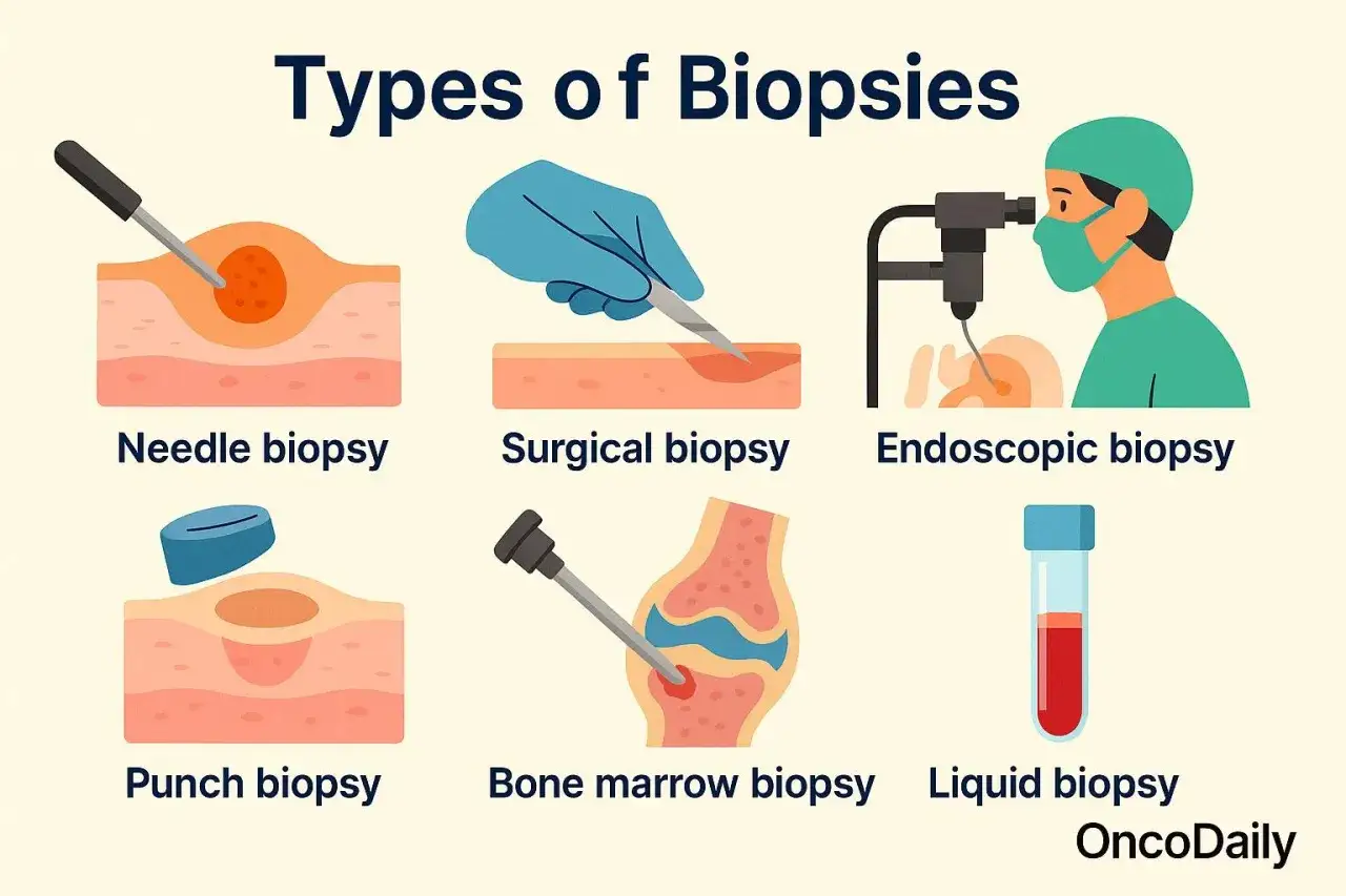 Ilustracja przedstawia różne rodzaje biopsji: igłową, chirurgiczną, endoskopową, punch, szpiku kostnego i płynną.