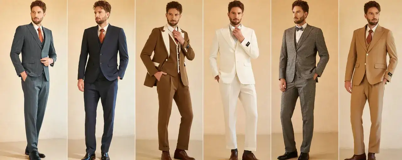 A man models six different suits, showcasing single breasted vs double breasted styles in various colors and patterns.