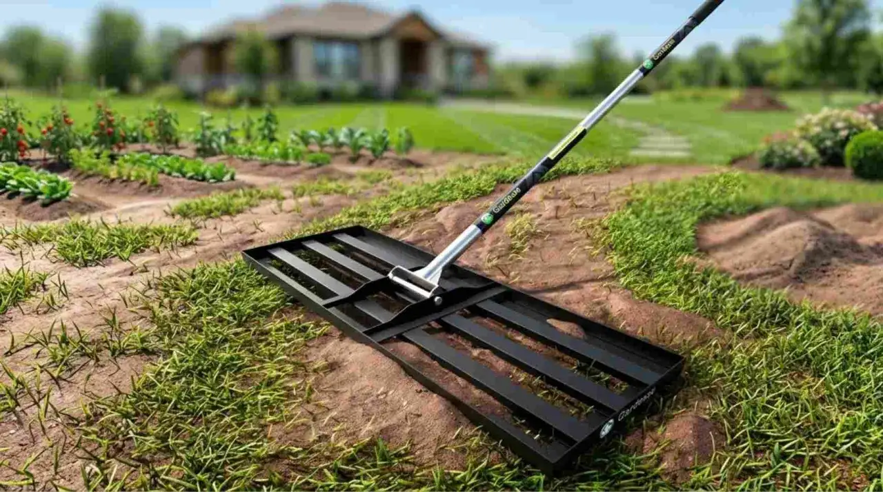 A landscape rake is used to level ground for a garden. This tool helps prepare the soil for planting.