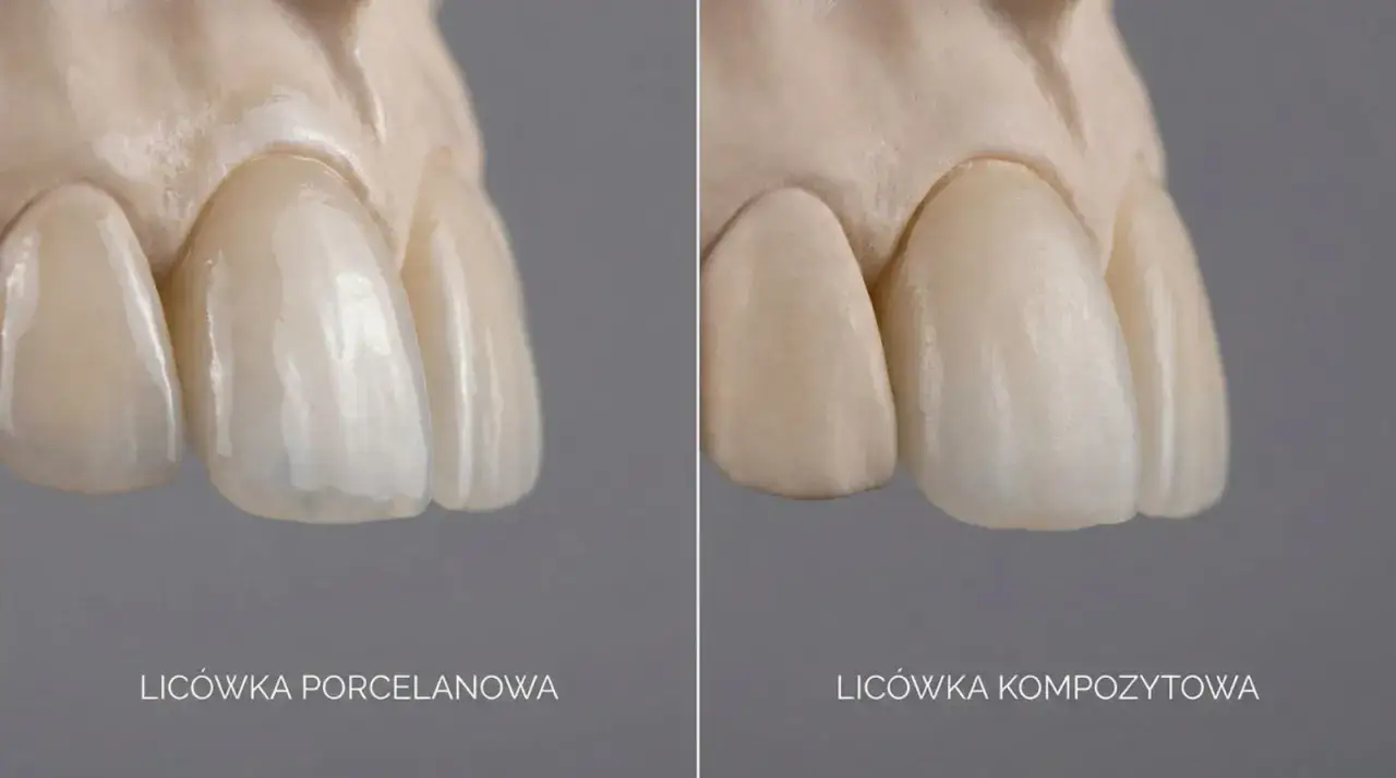 Porównanie licówek porcelanowych i kompozytowych na modelach zębów. Licówki porcelanowe po lewej, kompozytowe po prawej.