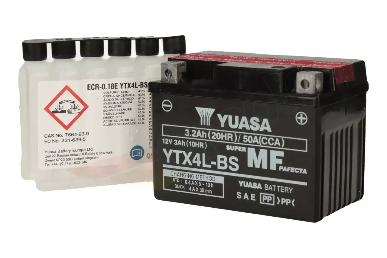 Akumulator Yuasa YTX4L-BS 12V 3Ah, idealny do skutera 50 4t. W zestawie elektrolit.