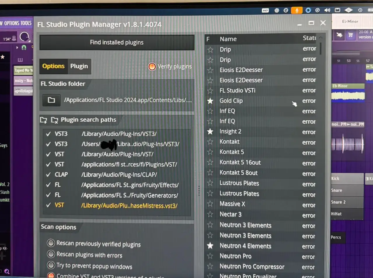 FL Studio Plugin Manager zeigt Fehler bei Plugins. So installierst du Plugins in FL Studio: Ordner und Suchpfade prüfen.