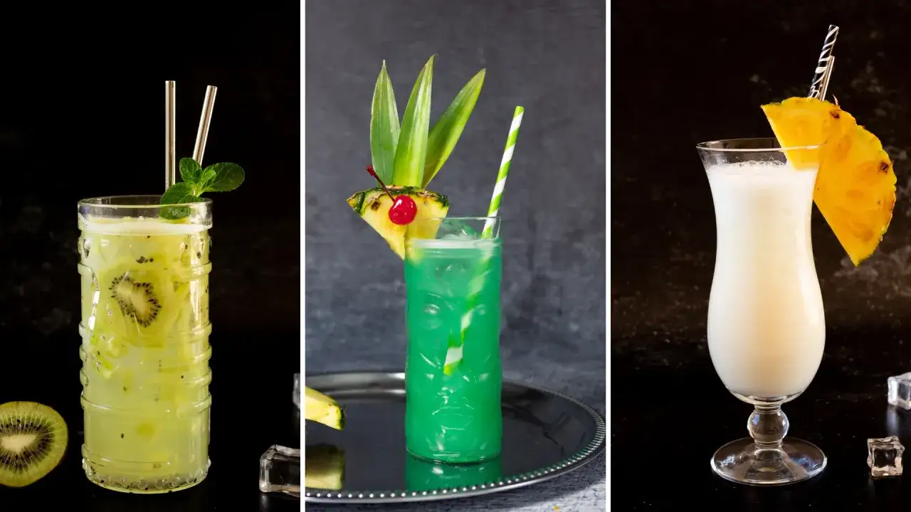 Trzy orzeźwiające drinki z rumem: zielony z kiwi, niebieski z ananasem i wiśnią, oraz biały koktajl.