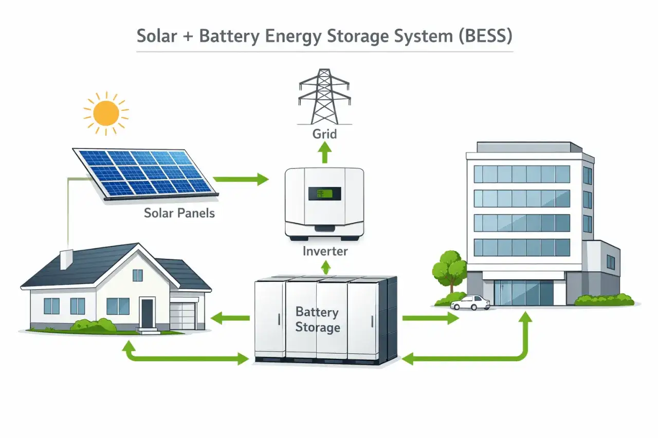 Schemat systemu BESS: panele słoneczne, falownik, magazyn energii (jaki magazyn energii do fotowoltaiki 10 kw?), dom, budynek biurowy i sieć energetyczna.