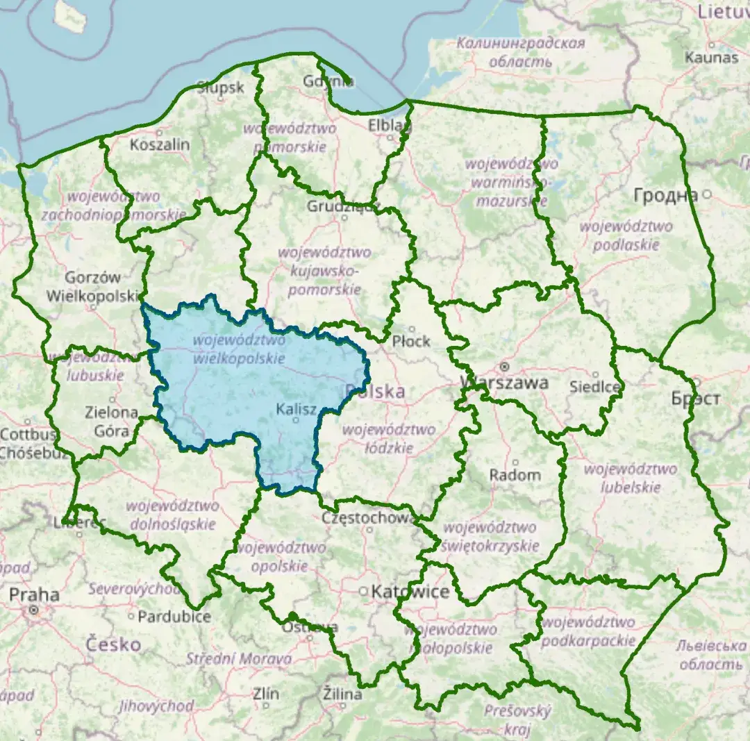 Mapa Wielkopolski z zaznaczonymi łowiskami