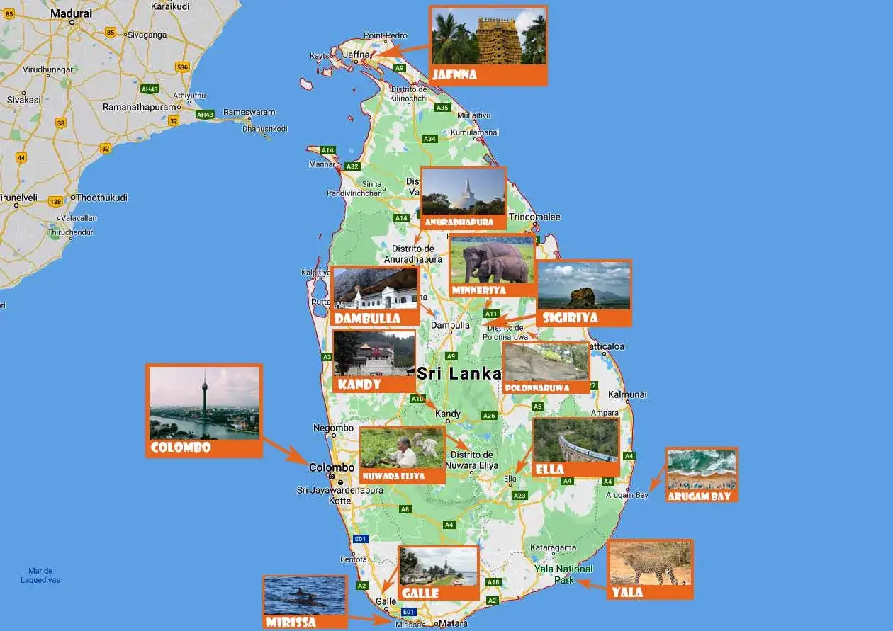Mapa de Sri Lanka con puntos de interés y fotos: Jaffna, Anuradhapura, Minneriya, Sigiriya, Dambulla, Kandy, Polonnaruwa, Colombo, Nuwara Eliya, Ella, Galle, Mirissa y Yala. Una ruta turística.