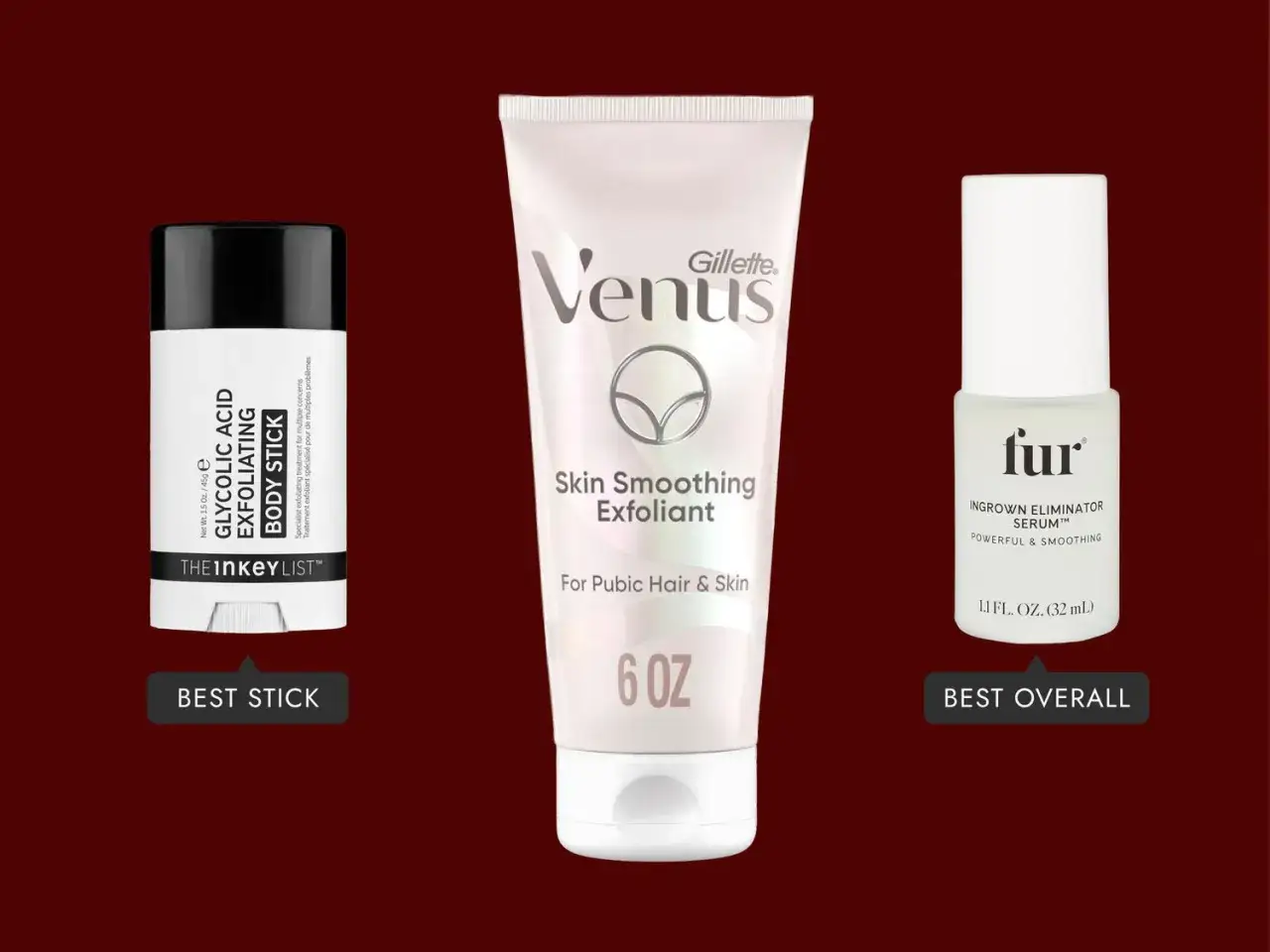 Produkte zur Bek&auml;mpfung von eingewachsenem Haar: ein Glykols&auml;ure-Peeling-Stick, ein Gillette Venus Peeling und ein Fur Ingrown Eliminator Serum.