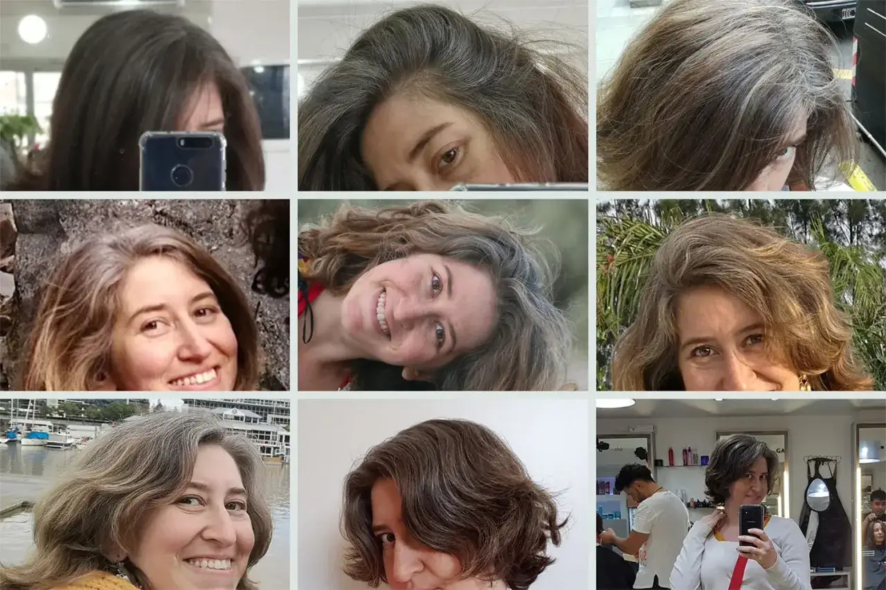 Nueve retratos de una mujer mostrando su cabello en transici&oacute;n, con un hermoso grey blending.