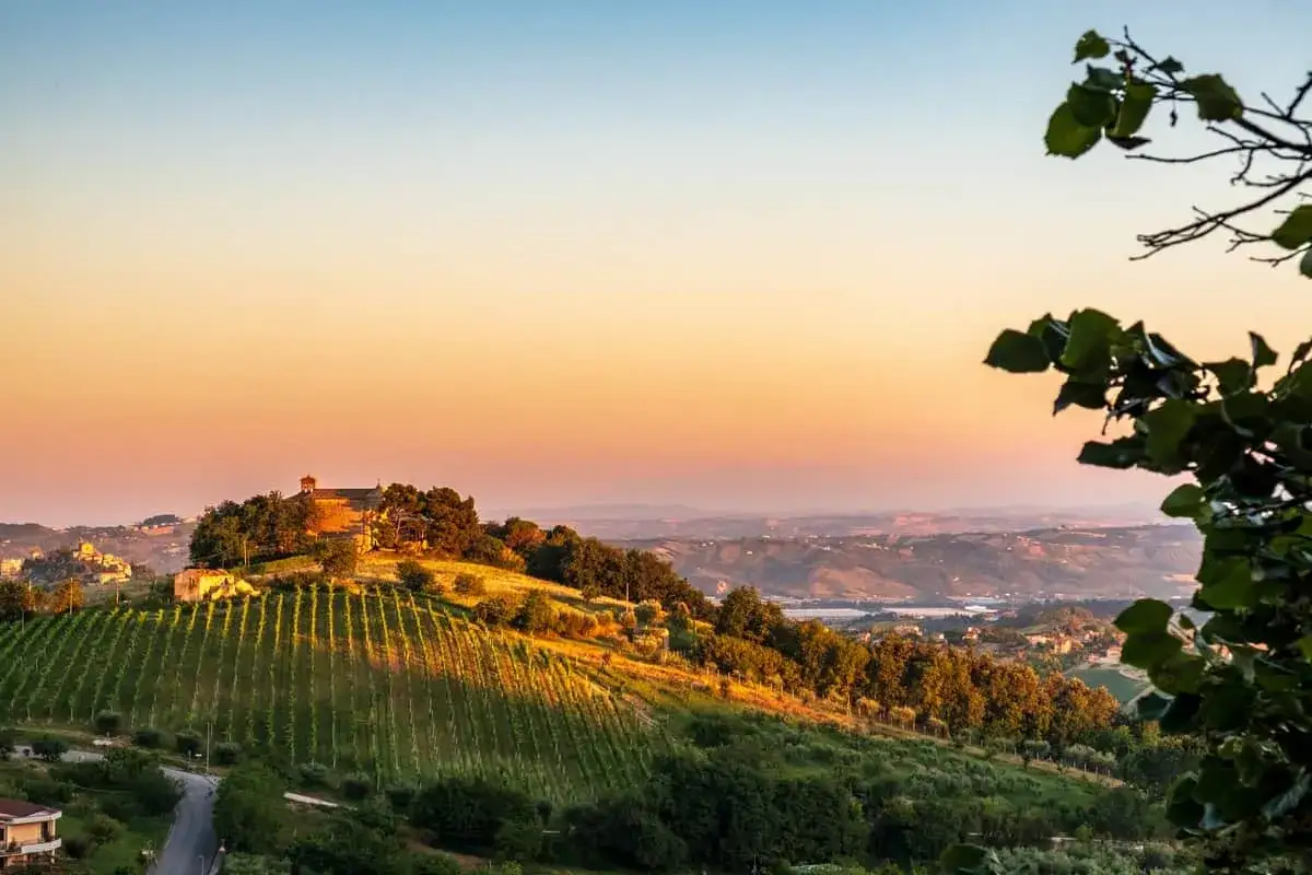 Colline marchigiane al tramonto, con vigneti e un borgo in cima. Perfetto per scoprire cosa fare a Pasquetta nelle Marche.
