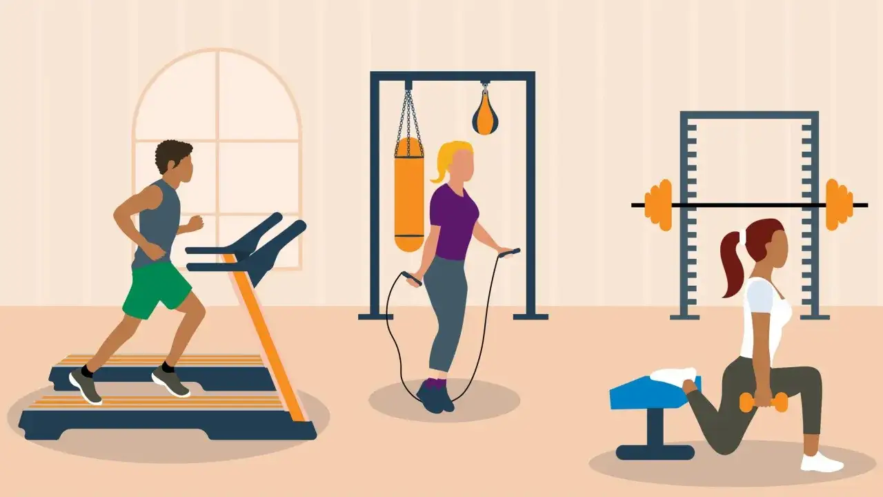 Menschen trainieren im Fitnessstudio: Laufen auf dem Laufband, Seilspringen und Ausfallschritte mit Hanteln. Perfekt für Cardio nach Krafttraining.