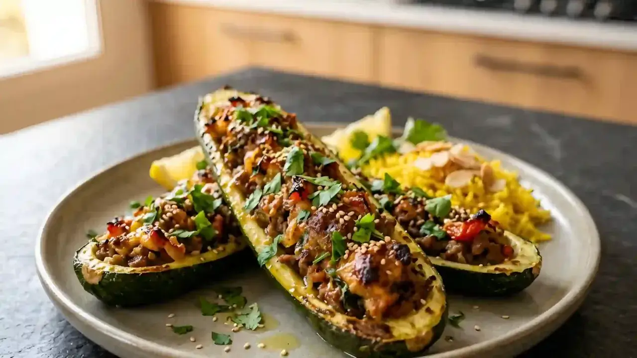 Trois courgettes farcies, garnies de persil et de graines de sésame, servies avec du riz jaune et des amandes effilées.