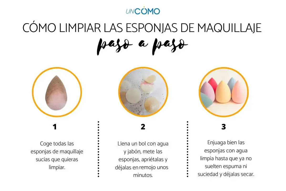 Gu&iacute;a paso a paso: c&oacute;mo limpiar las esponjas de maquillaje. Muestra esponjas sucias, en remojo con jab&oacute;n y limpias y secas.