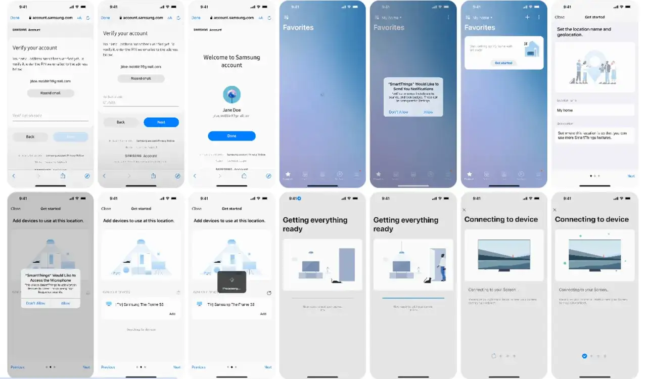 Configuración de smarthome app: verificación de cuenta, bienvenida, permisos, configuración de ubicación y conexión de dispositivos.