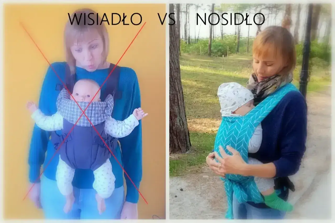 Porównanie: nieprawidłowe nosidełko dla dziecka po lewej, a po prawej wygodne nosidło.