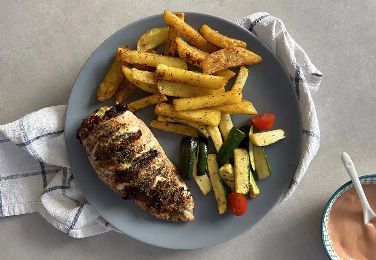 Pyszny i zdrowy grill: pieczony kurczak faszerowany suszonymi pomidorami i ziołami, podany z chrupiącymi frytkami z ziemniaków i cukinii, z pomidorkami koktajlowymi.