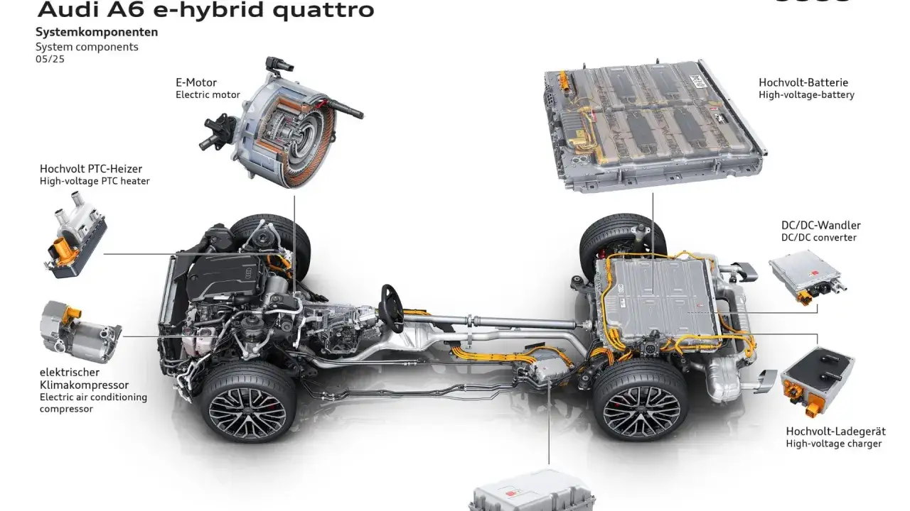 Audi A6 e-hybrid quattro med dess komponenter: elmotor, batteri, laddare. Detta visar vad betyder plug in hybrid – en bil med både eldrift och förbränningsmotor.