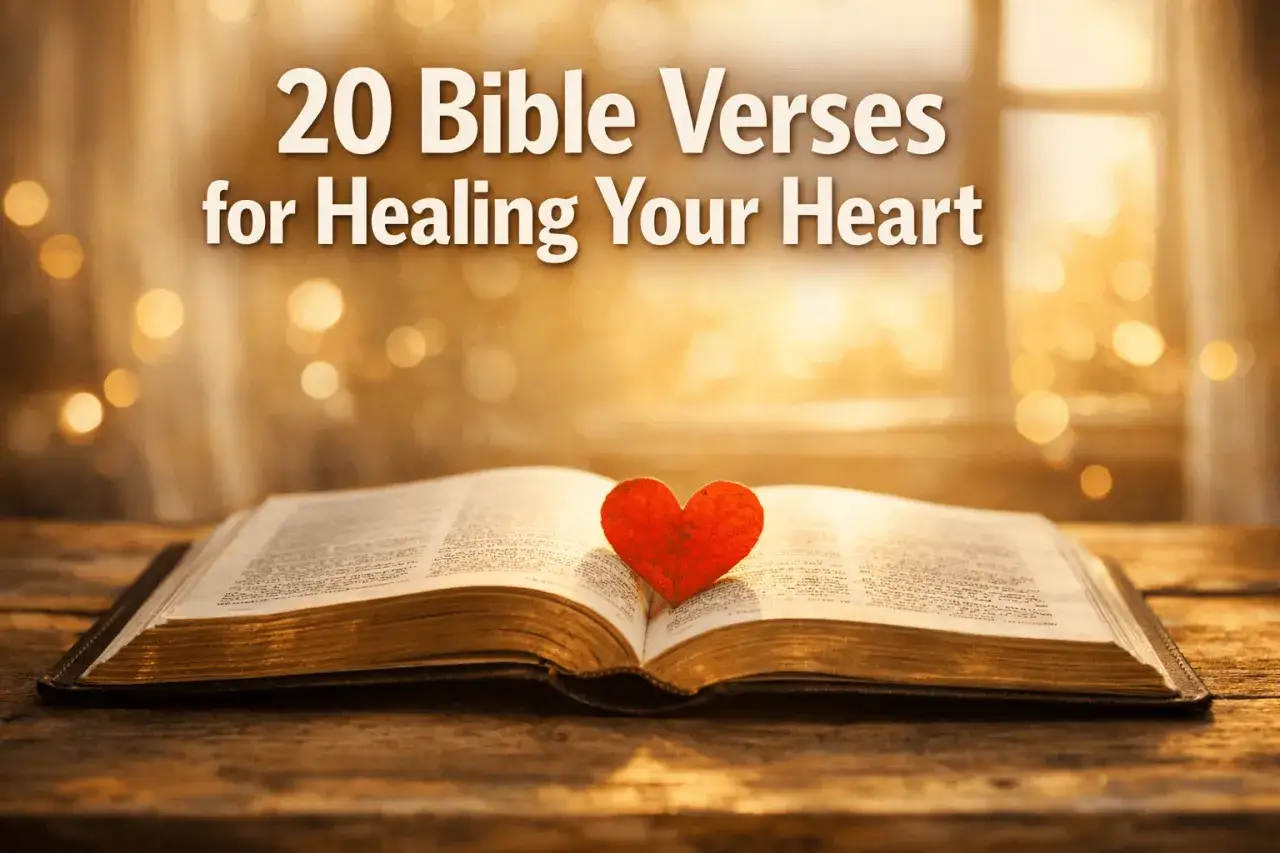 An open Bible with a red heart on its pages, bathed in warm light. This image symbolizes finding comfort and healing through **versiculos de sanidad** (healing verses).