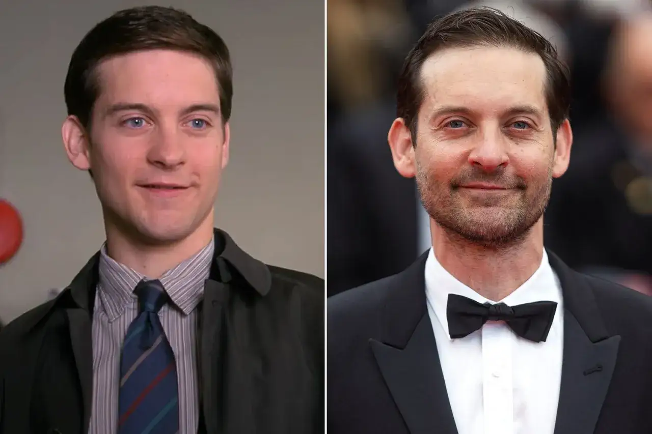 Tobey Maguire, som spelade Peter Parker i Spider-Man 2002, här som ung och nu.