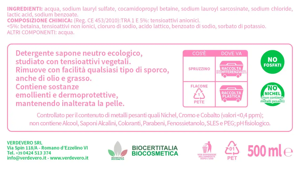 Detersivo naturale ecologico con tensioattivi vegetali, rimuove sporco e grasso. Senza fosfati, nichel e metalli pesanti.