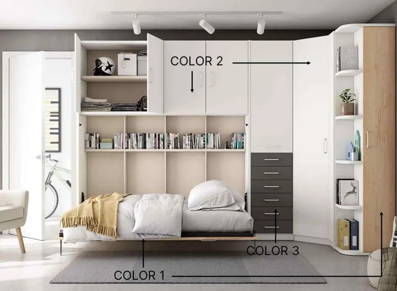 Mueble comedor con cama abatible. Estanter&iacute;as, armarios y cajones integrados. Ideal para optimizar espacios.