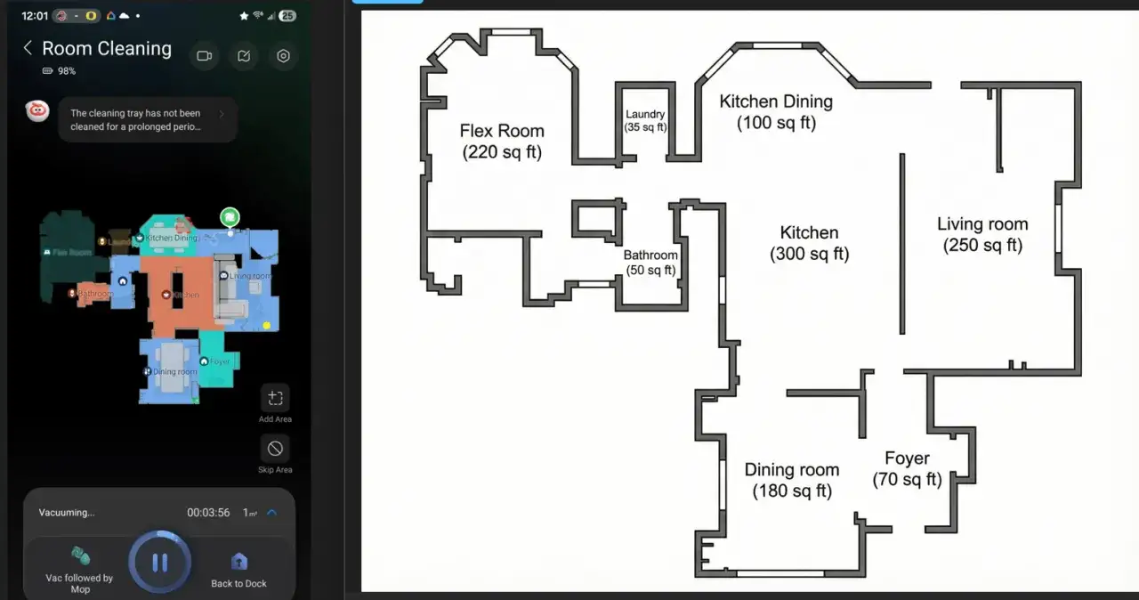 El robot aspirador realiza el **roomba mapeo** de la casa, dividiendo las estancias como el sal&oacute;n y la cocina para una limpieza eficiente.